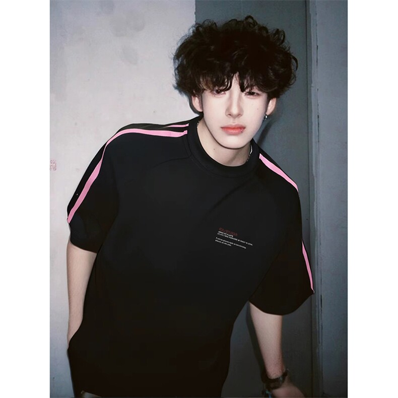 抖音得物品质二开240克宽松纯棉美式潮牌印花三条杠中性风短袖T恤，男装T恤，电商A486-1