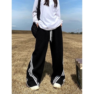 美式复古街头条纹撞色阔腿卫裤女ins宽松百搭抽绳垂感松紧休闲裤,男生夏季搭配衣服图片图片