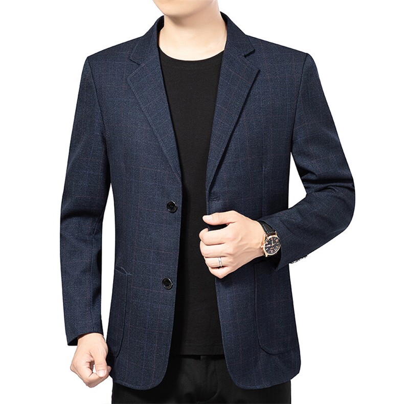 春秋新款中年男士休闲格子西服上衣中老年西装爸爸薄款外套图片