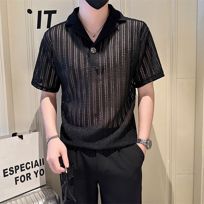 店主风社会小伙男士镂空V领短袖Polo衫翻领T恤男301A-1/PL98/P48,男装T恤,星座301A-1