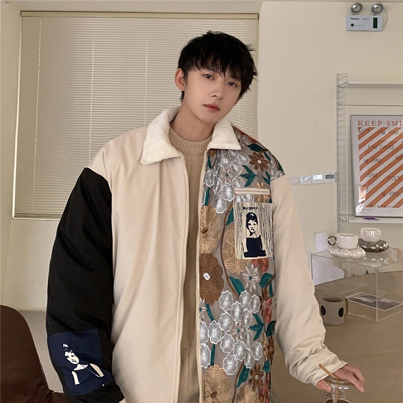 1港风外景刺绣拼接翻领羊羔毛大码M-5XL棉衣外套男8723P110控148,男装棉衣,星座226-2