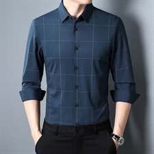 秋季中年宽松无痕衬衫男士长袖爸爸商务休闲春秋薄款格子上衣男装，男装衬衫，电商B212（原钱塘6029）