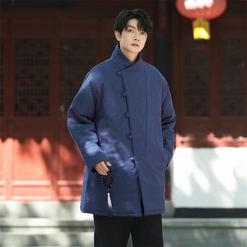 藏青色中长款棉衣冬风唐装大码宽松棉服纯色保暖外套1219p198,男装棉衣,电商A016