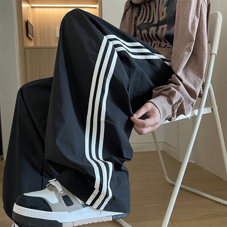 冰丝裤子男夏季薄款潮牌宽松三条杠直筒阔腿裤潮流休闲凉感运动裤,男装休闲裤,星座308B-1