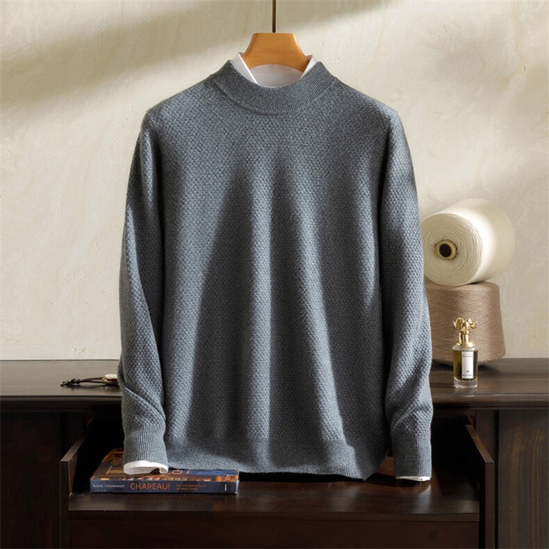 圆领纯山羊绒衫男士加厚保暖打底毛衫秋季新款坑条纹针织衫男装，男装羊绒套衫，澳坤羊绒