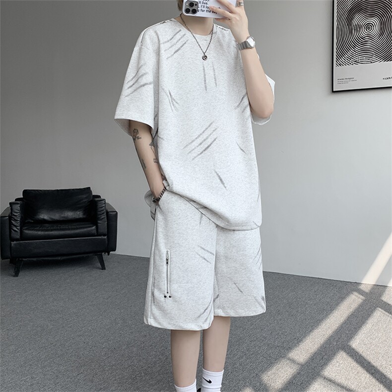 高品质猫爪布美式机车拉链套装夏季新款设计短袖短裤套装特P70,男装休闲套装,电商B319