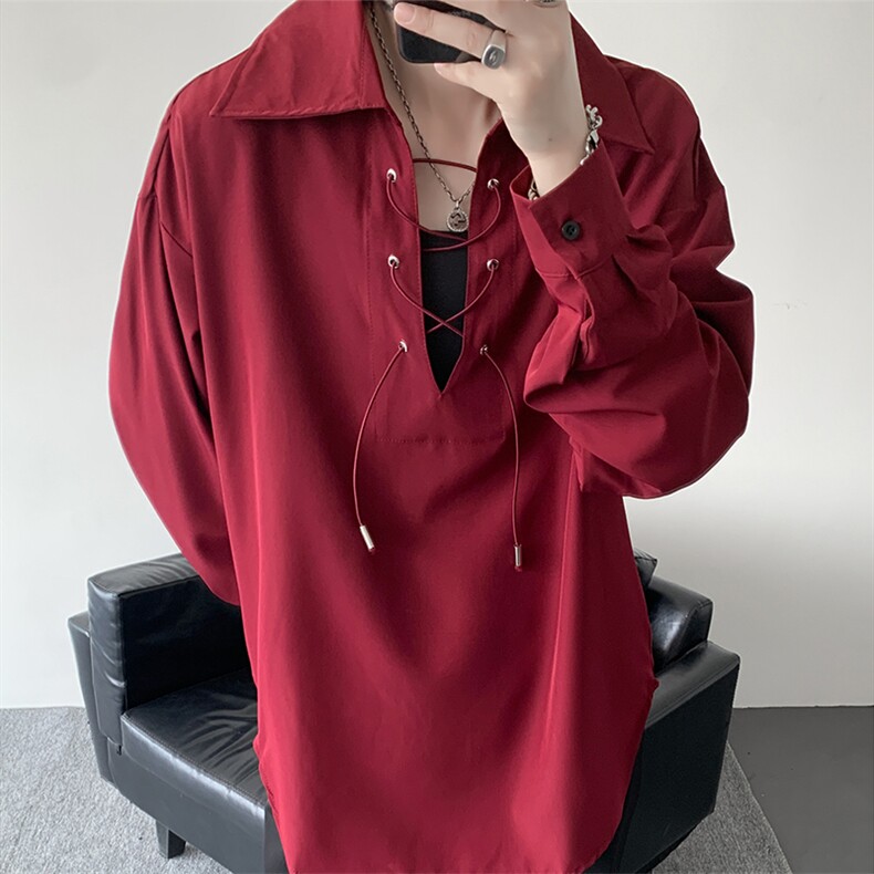 春夏新款小心机深V西装领系带衬衫简约美式时尚衬衫外套特P38,男装衬衫,电商B319