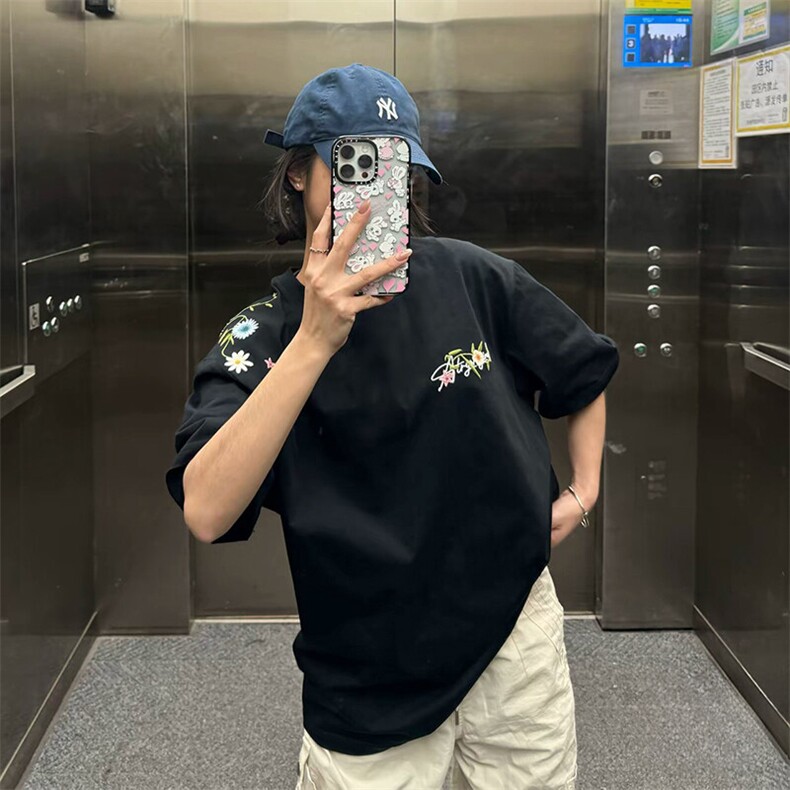 万针全刺绣工艺抖音得物高品质260克重磅纯棉双纱美式高街短袖T恤,男装T恤,电商A486
