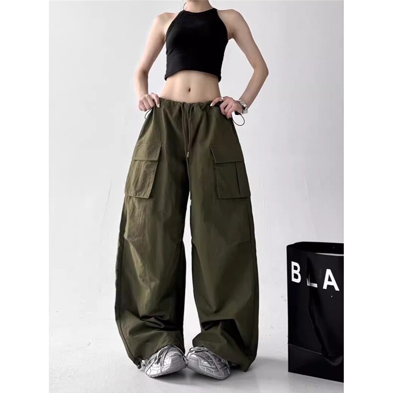 美式工装阔腿裤女2025新款夏季抽绳高腰印花设计感拖地长裤潮,男装工装外套,星座1210-1