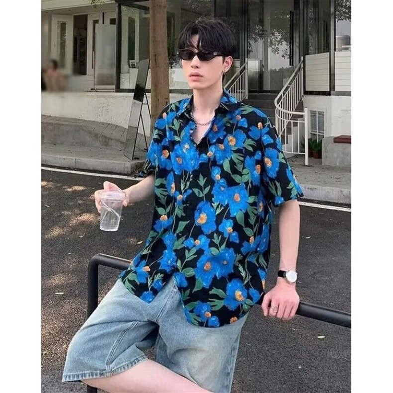 港风复古油画印花衬衫短袖男女小众设计感度假风衬衣 C712图片