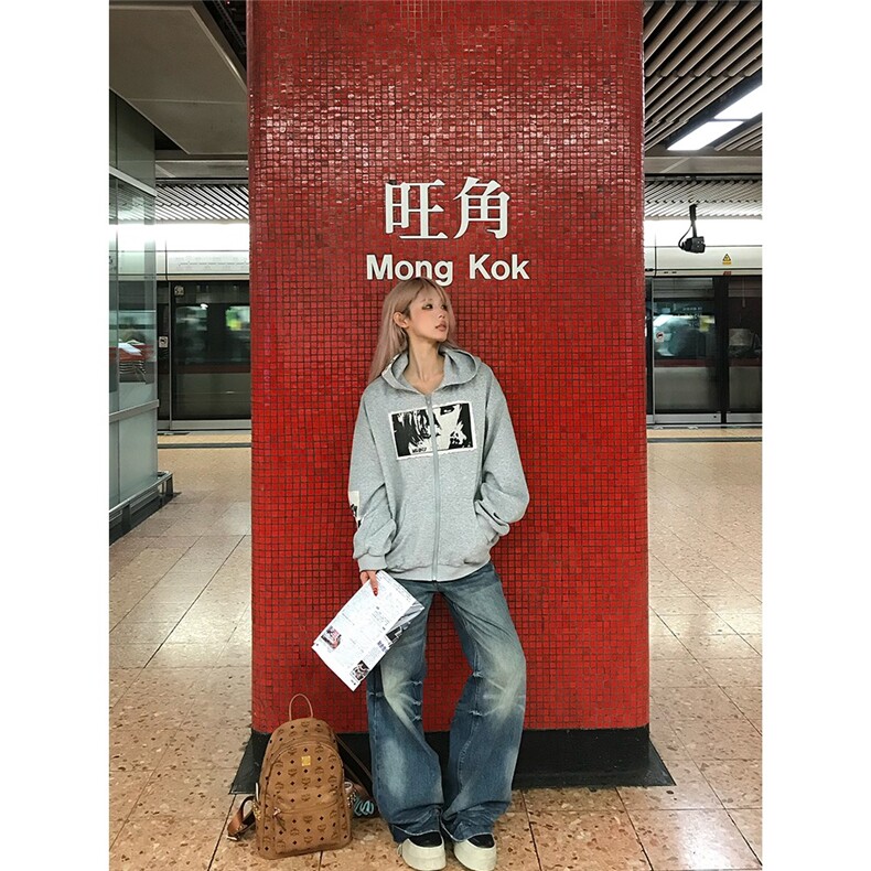 美式人像印花贴布连帽卫衣男女宽松休闲百搭帽衫外套WB508-P60,女装短外套,星座412-3