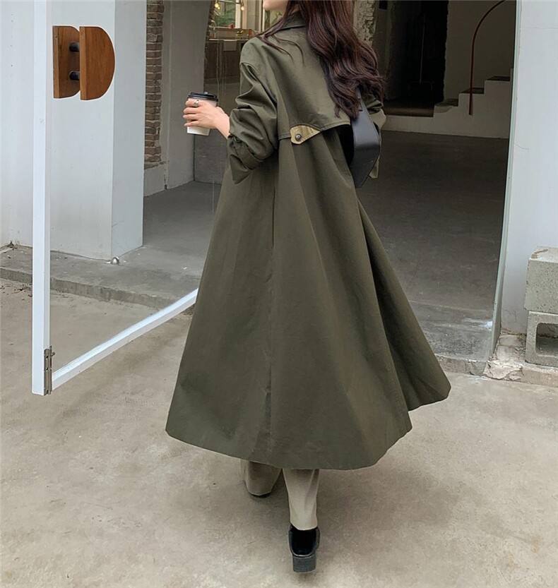 现货日系复古拼色长款风衣，女装风衣，汐美