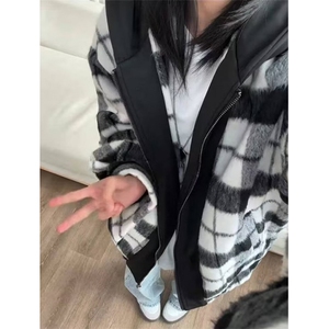 复古小香风黑白毛呢格子外套男女秋冬新款情侣连帽夹克C7735