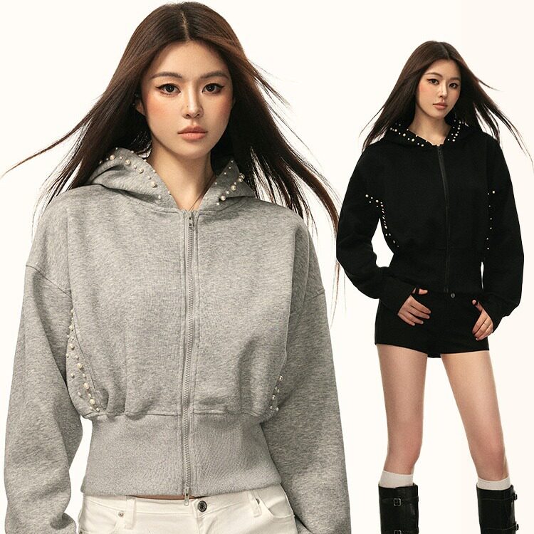 HY0630-P58网图华棉复合350克原版钉珍珠短款连帽外套女复古修身图片