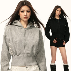 HY0630-P58网图华棉复合350克原版钉珍珠短款连帽外套女复古修身图片