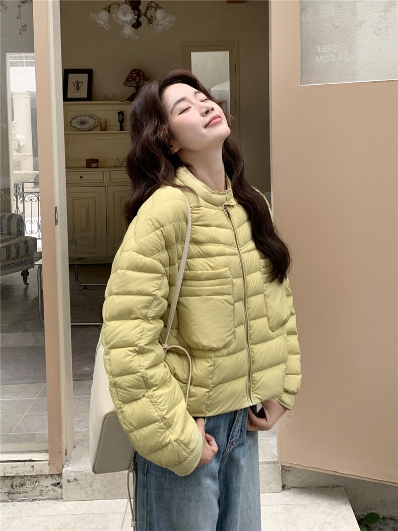 极简风休闲轻羽绒服女2025冬季新款韩系立领保暖白鸭绒百搭厚外套,女装羽绒服,玖莱伊