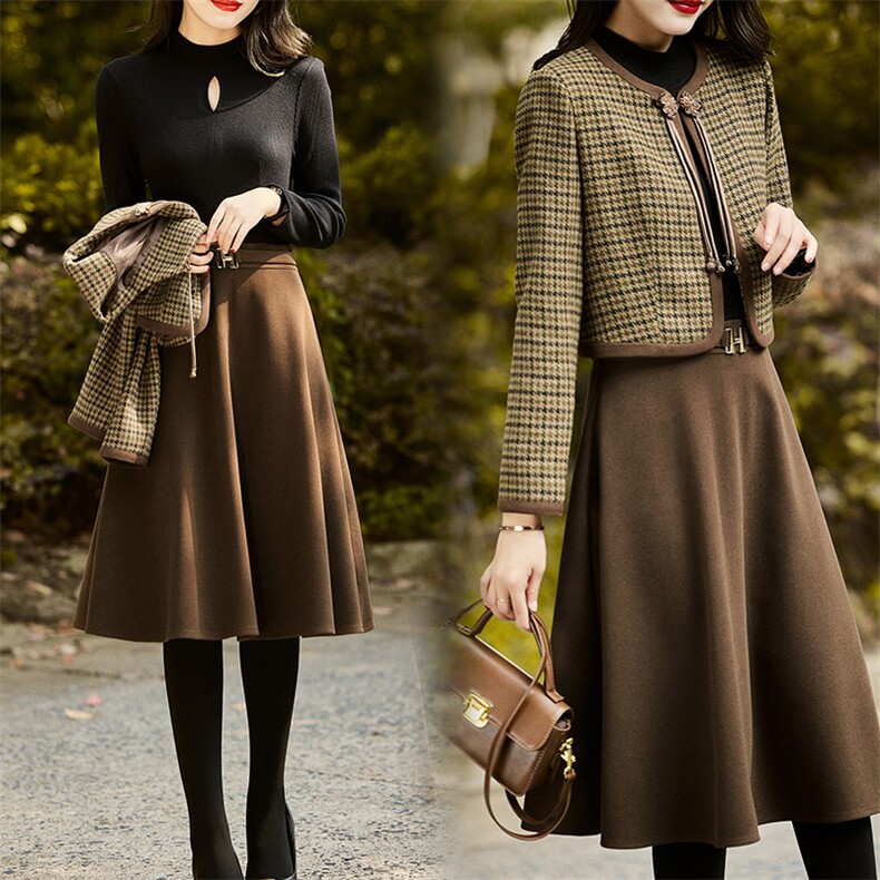 气质名媛复古连衣裙女毛呢两件套2023秋冬款小香风穿搭一整套装裙，女装套装/套裙，魅丽静蓝