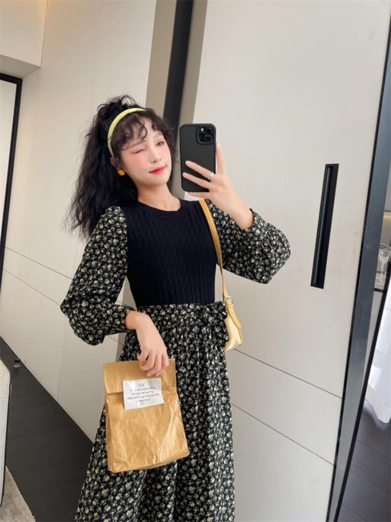 针织拼接碎花连衣裙，女装连衣裙，安玖拉