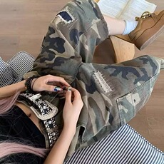 大码美式破洞补丁直筒迷彩七分牛仔裤女设计感宽松显瘦休闲阔腿裤，男装牛仔裤，星座506A