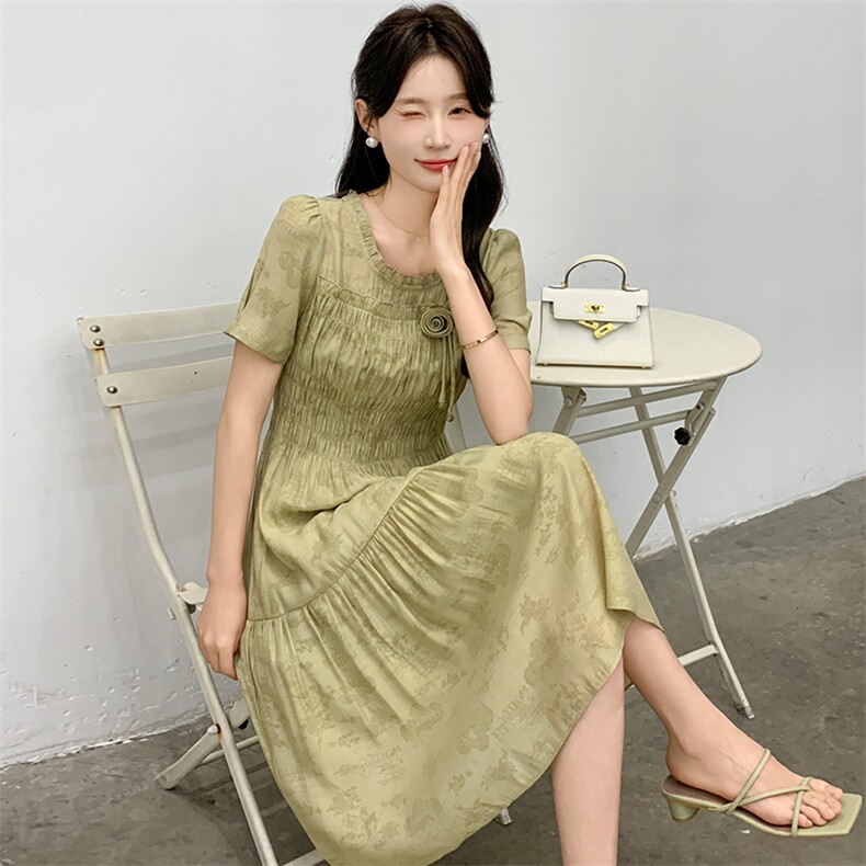多色可选新款短袖显瘦花色仙女大摆长裙,女装连衣裙,心心服饰