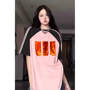 抖音得物品质二开240克宽松纯棉美式潮牌插肩三杠织带短袖T恤图片