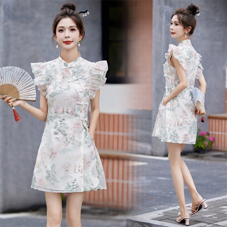 新中式国风改良旗袍套装女2024夏季新款小个子盘扣刺绣短裤两件套，女装套装/套裙，然然