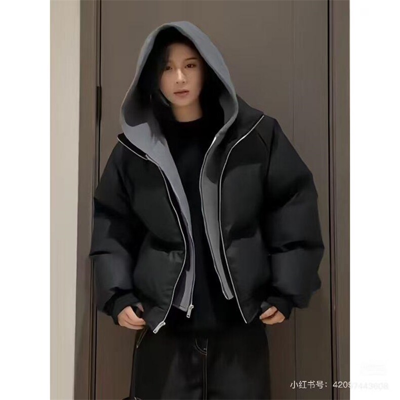 现货高品质重磅工艺美式高街假两件PU皮棉衣男女加厚棉服外套,男装棉衣,电商A486-1