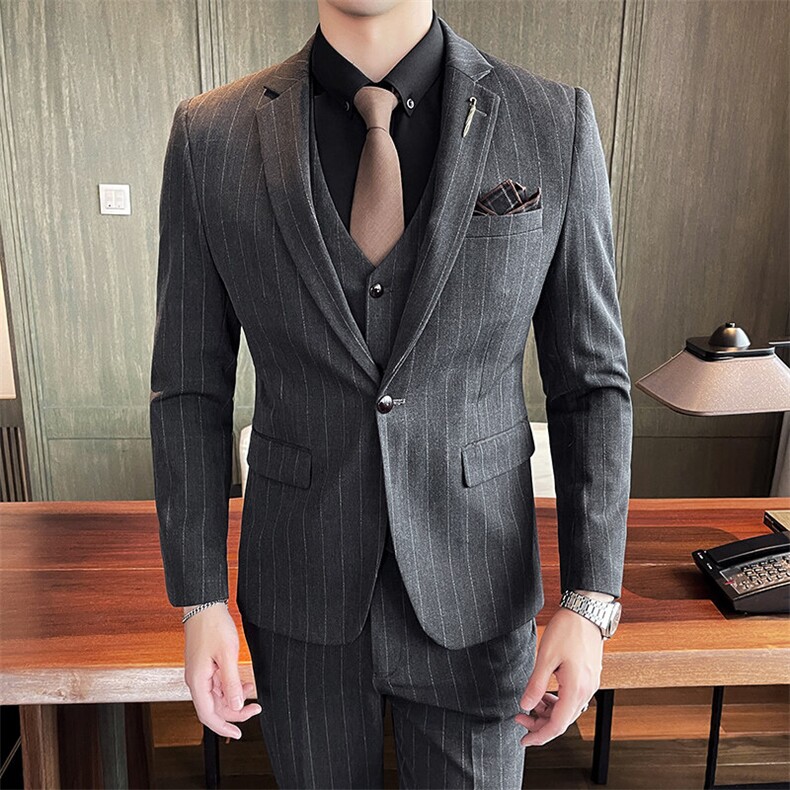 春秋韩版男士西服套装休闲竖条纹西装三件套新郎结婚礼服，男装西服套装，星座1012