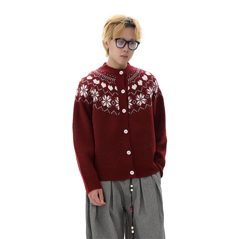 重磅秋冬装北极绒开衫毛衣美式复古休闲圣诞慵懒风提花针织衫外套，男装针织衫/毛衣，电商A486