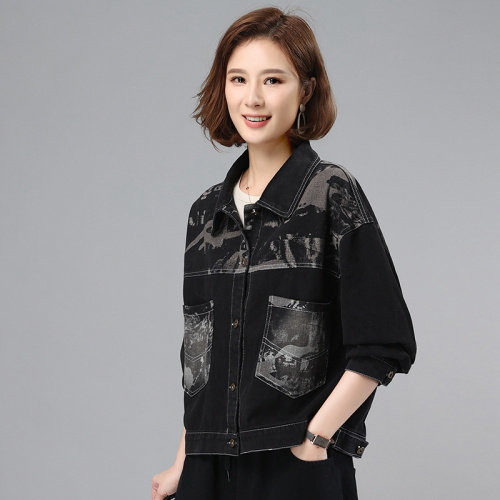 2021秋季新款时尚印花水洗牛仔拼接外套,女装牛仔外套,叶笙衣
