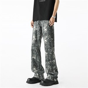 直筒牛仔裤男潮牌满印微喇裤痞帅男裤晕染花色 XZ201-S202 P45图片