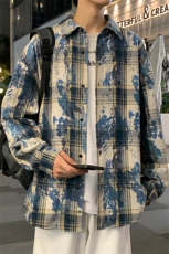 特批P45无差价秋新扎染格子长袖衬衫男美式潮牌翻领衬衣外套C2543，男装衬衫，电商A001-1