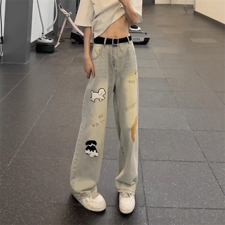 美式高街涂鸦小狗刺绣牛仔裤男百搭水洗设计感直筒长裤N330-P52图片