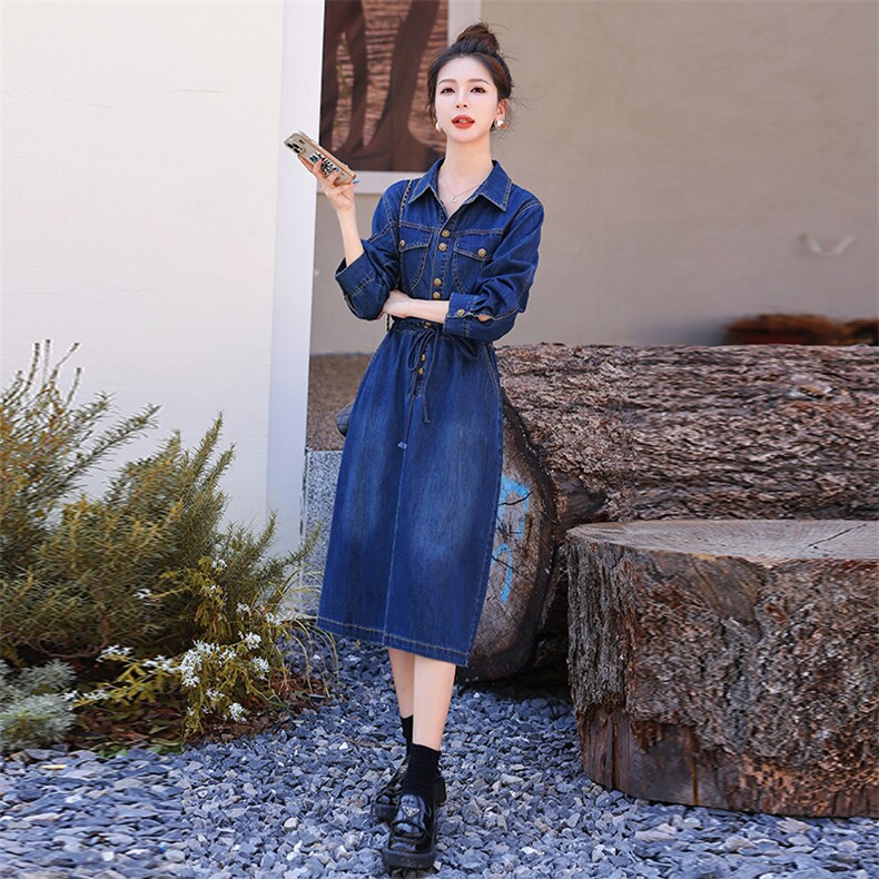 牛仔连衣裙女长袖2025春秋新款韩版时尚显瘦翻领中长款牛仔裙子,女装连衣裙,慧尚依恋