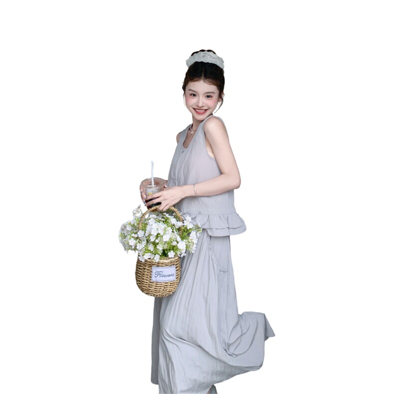灰色无袖连衣裙女2025年夏季新款韩系慵懒风气质宽松显瘦背心长裙,女装套装/套裙,浙宝220