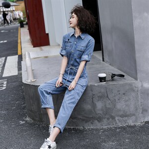 休闲牛仔连体裤女2024春夏新款高腰时尚显瘦百搭工装小个子连衣裤图片