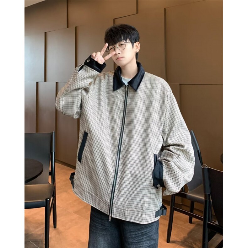 美式拼色千鸟格早秋外套男短款设计高级感双拉链翻领夹克 C8881图片