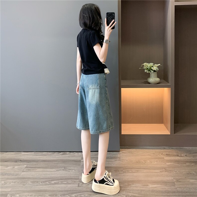 高级感时尚减龄套装女夏设计感蕾丝拼接假两件上衣牛仔中裤两件套,女装套装/套裙,江南