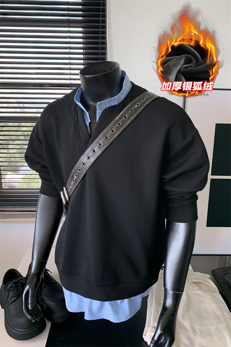 重磅华棉420g条纹假两件V领银狐绒宽松卫衣W5431J加绒-特P50控98,男装卫衣,电商A001-1