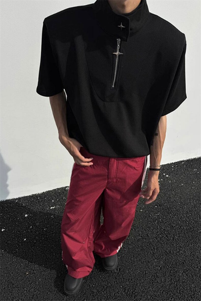 立领半拉链polo衫小众解构廊型短袖t恤TX7133特P37,男装T恤,星座908-1
