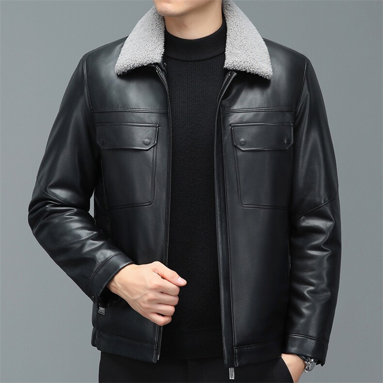 冬季男士加厚保暖皮衣新款羊羔毛领白鸭绒外套中年休闲皮羽绒服,男装羽绒服,电商B212（原钱塘6029）