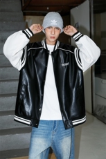 高街美式复古拼接罗纹pu棒球服情侣皮衣夹克外套男女G1094P108，男装夹克，电商A339