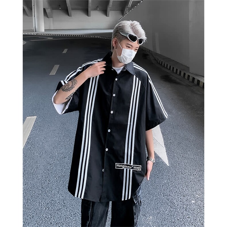 衬衫男士韩版潮流短袖拼色条纹帅气2024夏季ins宽松外套CY909-P38,男装衬衫,星座412-2