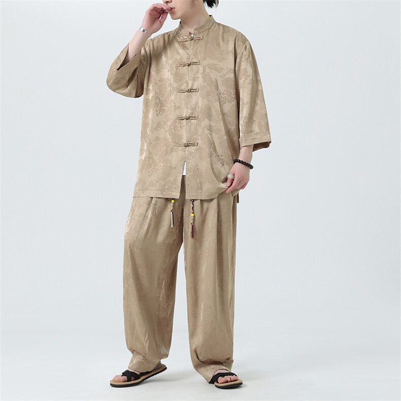 夏季新中式七分袖衬衫休闲裤子套装风男士上衣TZ100-P110图片