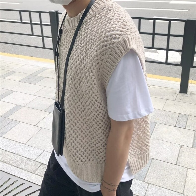 577-P35美式硬汉镂空针织背心男网眼透视宽松无袖t恤透气运动,男装背心/马甲,电商B323A