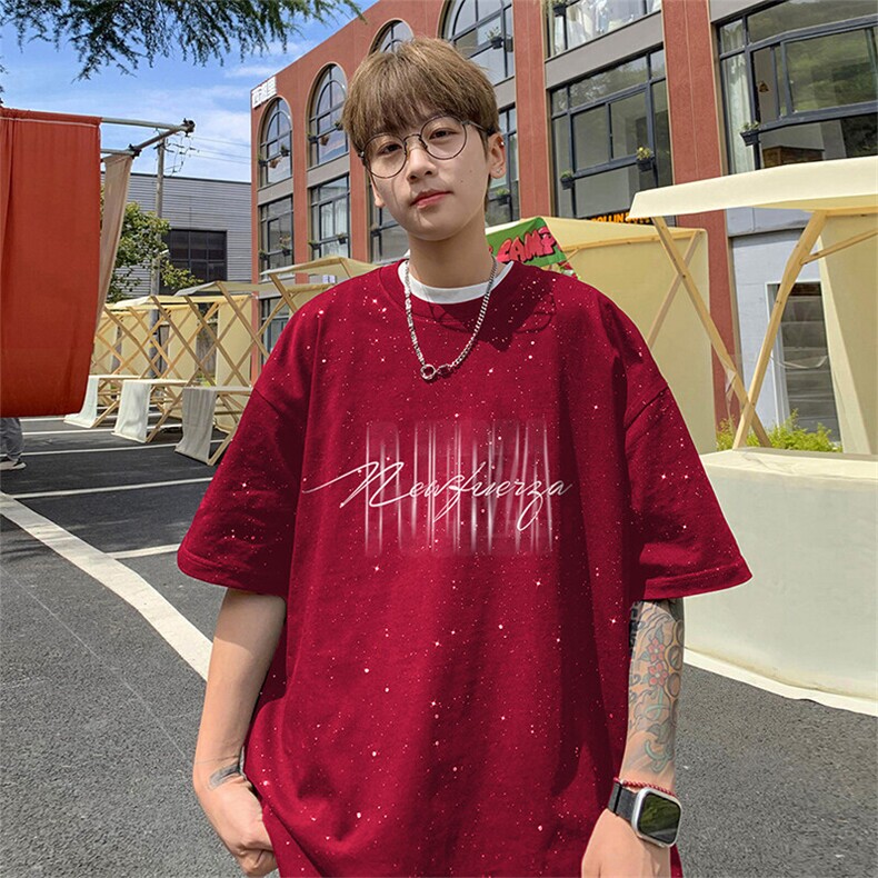 可48小时发货支持抖音得物来样二开美式满天星亮片短袖T恤MTX665,男装T恤,电商A486
