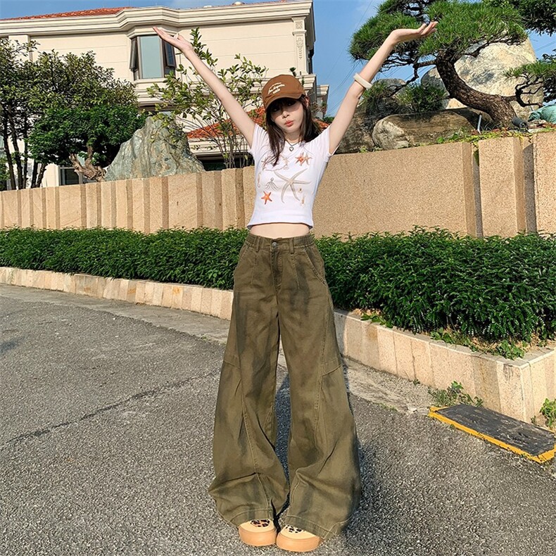 潮牌设计感褶皱涂鸦绿牛仔女街头美式小众宽松做旧裤子AM9020P78,男装休闲裤,星座1013-5