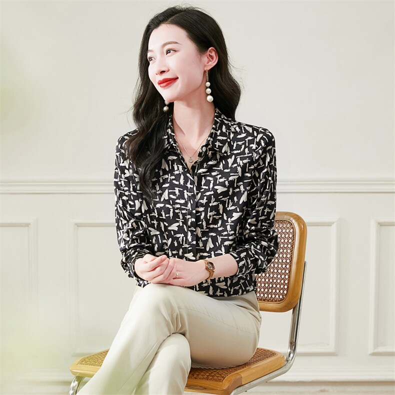 时尚重磅真丝衬衫女士长袖印花春装气质缎面丝绸真丝上衣女衬衣,女装衬衫,阿舍尔精品