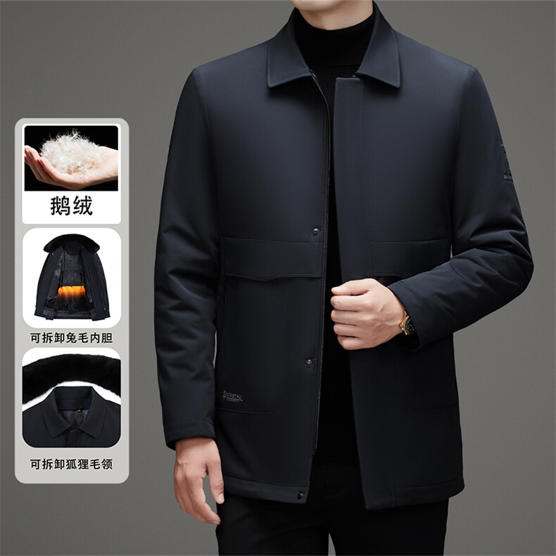 鹅绒兔毛内胆派克服男士大毛领皮草中老年脱卸狐狸毛领羽绒服外套,男装羽绒服,钱塘723