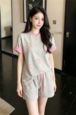 高级感简约时尚休闲运动套装女夏新款星星印花撞色短袖短裤两件套，女装套装/套裙，江南
